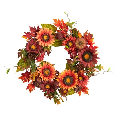 Homplanti 24" Autumn Sunflower Pumpkin Pinecone And Berries Wreath