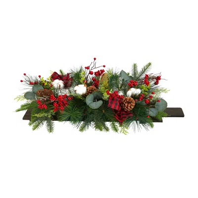 Homplanti 24" Berries And Pinecones Christmas Candelabrum With Bows In Blue