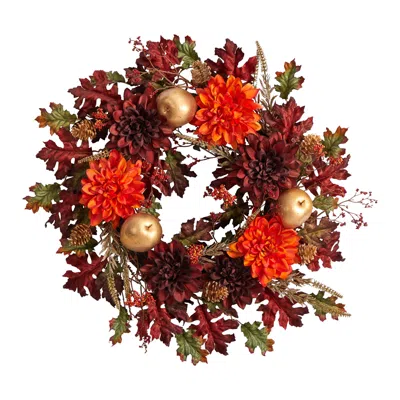 Homplanti 24" Dahlia Apple Oak Leaf And Berries Artificial Wreath