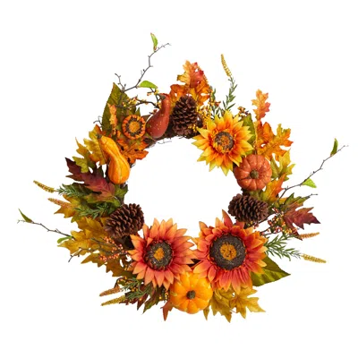 Homplanti 24" Fall Sunflower Pumpkin Pinecone And Berries Wreath In Multi