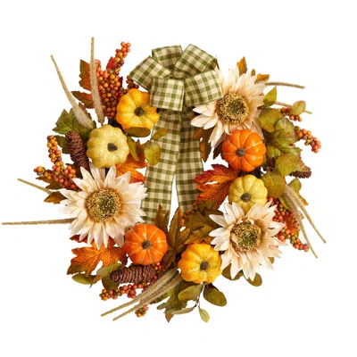 Homplanti 24" Fall Sunflower Pumpkin Wreath With Decorative Ribbon