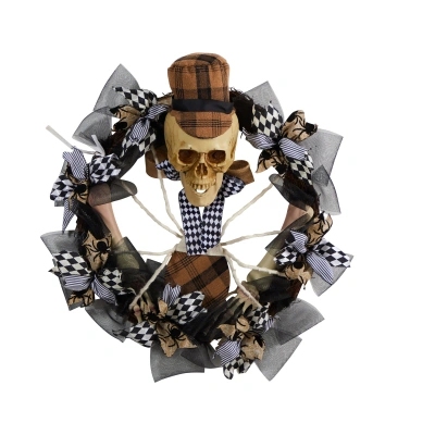Homplanti 24" Halloween Skull In Plaid Mesh Wreath In Multi