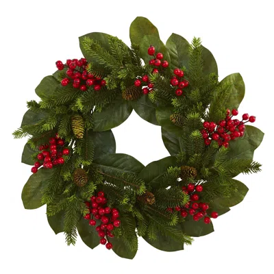 Homplanti 24" Magnolia Leaf, Berry And Pine Artificial Wreath In Green