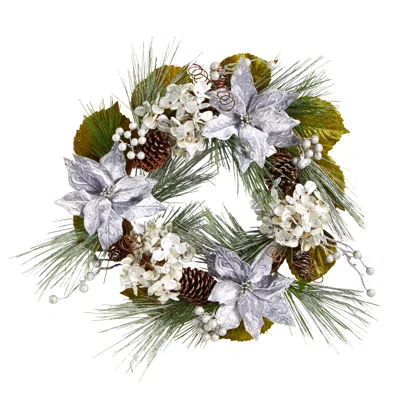 Homplanti 24" Silver Poinsettia Hydrangea And Pinecones Xmas Wreath