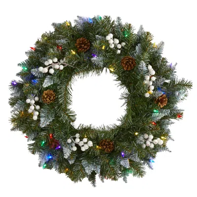 Homplanti 24" Snow Tip Xmas Wreath W/50 Leds, White Berries & Cones