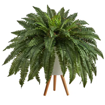 Homplanti 2.5' Boston Fern Artificial Plant In White Planter With Legs In Green