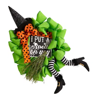 Homplanti 26" Halloween Witch Broom And Hat Mesh Wreath