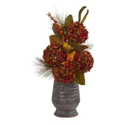 Homplanti 26" Hydrangea Pear And Magnolia Arrangement In Metal Vase In Animal Print