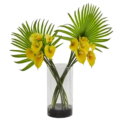 Homplanti 27" Calla Lily And Fan Palm In Cylinder Glass In Yellow