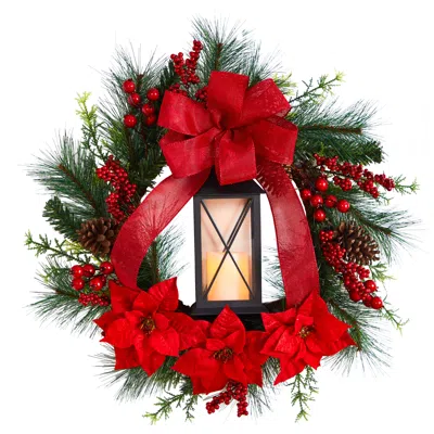 Homplanti 28" Poinsettia And Berry Lantern Holiday Christmas Wreath In Red