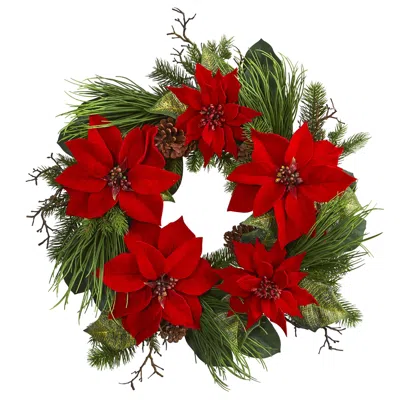Homplanti 28" Poinsettia And Pine Wreath In Green