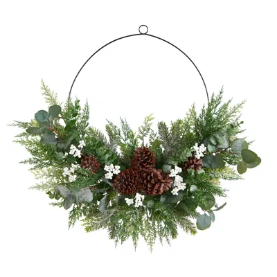 Homplanti 28" Xmas Pine, Eucalyptus, And Berries Metal Circlet Wreath In Green