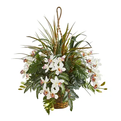 Homplanti 29" Cymbidium & Mixed Greens Artificial Plant Hanging Basket In Multi
