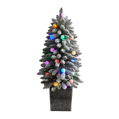Homplanti 3' Flocked Xmas Tree W/127 Tips & 20 Globe Lights In Plntr In Gray