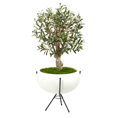 Homplanti 3' Olive Artificial Tree In White Planter With Metal Stand In Black