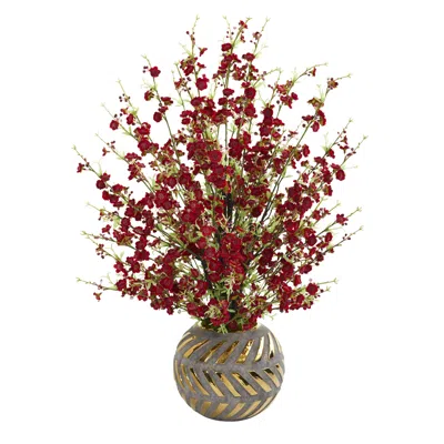 Homplanti 30" Cherry Blossom Arrangement In Vase With Gold Trimming In Red