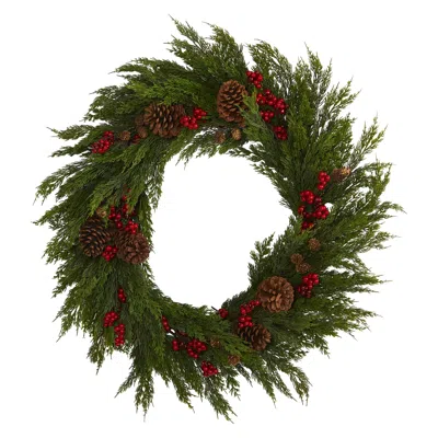 Homplanti 32'' Cypress With Berries And Pine Cones Artificial Wreath In Green