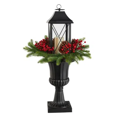 Homplanti 33" Christmas Lantern With Berry And Pinecones In Urn In Black