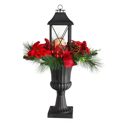Homplanti 33" Christmas Lantern With Poinsettia And Berries In Urn