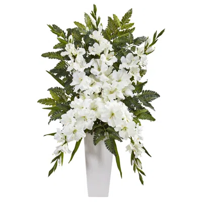 Homplanti 35" Gladiolas & Fern Artificial Arrangement In White Vase In Blue