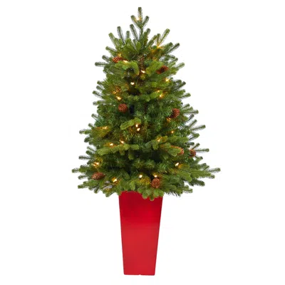 Homplanti 3.5' Yukon Fir Xmas Tree W/50 Lights In Red Planter
