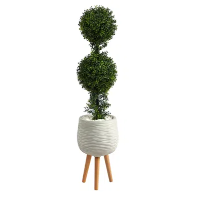 Homplanti 4' Boxwood Double Ball Topiary Tree In Planter With Stand In Burgundy