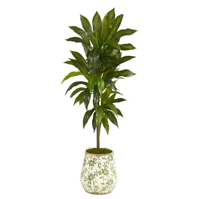 Homplanti 4' Dracaena Plant In Flower Print Planter (real Touch) In Green