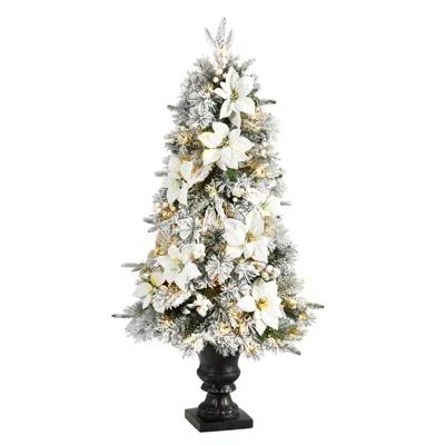 Homplanti 4' Flocked Christmas Tree W/223 Lvs & 100 Warm Lights In Urn In White