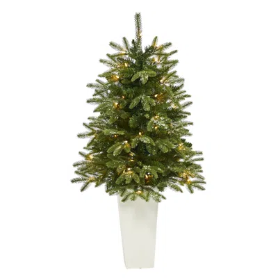 Homplanti 44" Snowed Teton Fir Xmas Tree With 50 Lights In Red Planter In White