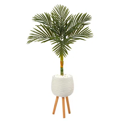 Homplanti 4.5' Golden Cane Palm Tree In White Planter With Stand