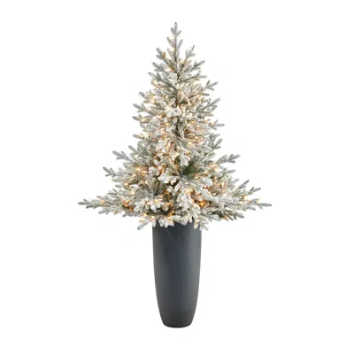 Homplanti 5' Flocked Fraser Fir Xmas Tree W/300 Lights In Gray Planter In White