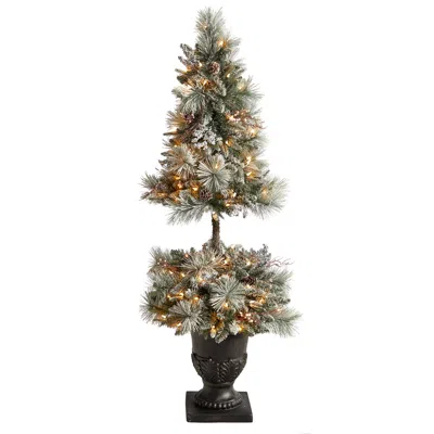 Homplanti 5' Flocked Porch Xmas Tree W/100 Led's 186 Tips And Urn