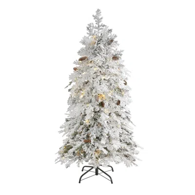 Homplanti 5' Flocked Spruce Christmas Tree With 100 Clear Led Lights In White