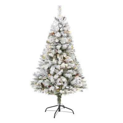 Homplanti 5' Flocked White Christmas Tree W/pinecones 150 Led 360 Tip