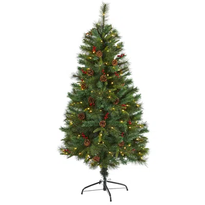 Homplanti 5' Pine Christmas Tree With 150 Leds Pine Cones And Berries In Green