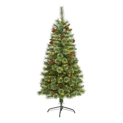 Homplanti 5' White Mountain Pine Christmas Tree 200 Leds & Pine Cones In Blue