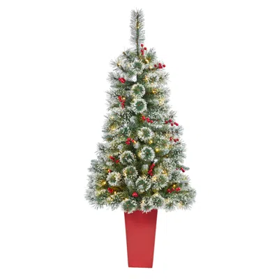 Homplanti 52" Frosted Swiss Pine Christmas Tree 100 Led In Red Planter In Multi