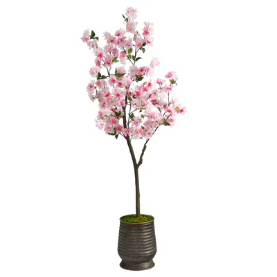 Homplanti 5.5' Cherry Blossom Tree In Ribbed Metal Planter