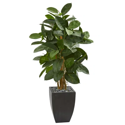 Homplanti 56" Artificial Rubber Tree In Black Planter In Blue