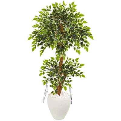 Homplanti 56" Variegated Ficus Artificial Tree In White Planter