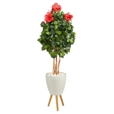 Homplanti 58" Hibiscus Artificial Tree In White Planter With Stand