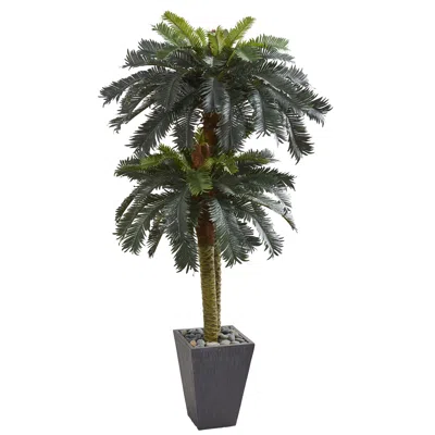 Homplanti 6' Double Sago Palm Artificial Tree Slate Finished Planter