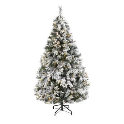 Homplanti 6' Flocked White Christmas Tree W/pinecones 250 Led 628 Tips In Multi