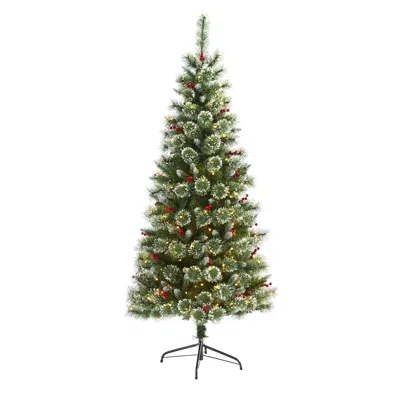 Homplanti 6' Frosted Swiss Pine Christmas Tree 300 Clear Led & Berries