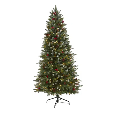 Homplanti 6' Snow Tipped Christmas Tree W/ Berries Pinecones W/300 Led In Green