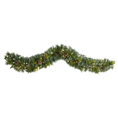 Homplanti 6' Snow Tipped Xmas Garland W/35 Clear Leds And Pine Cones In Green