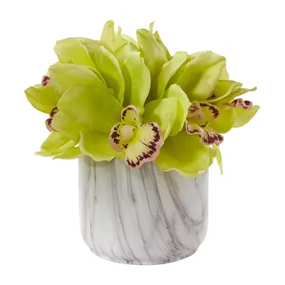 Homplanti 7" Cymbidium Orchid Artificial Arrangement In Marble Vase In Green
