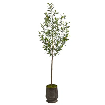 Homplanti 75" Olive Artificial Tree In Ribbed Metal Planter