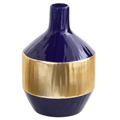 Homplanti 9" Lux Blue Ceramic Vase With Gold Band