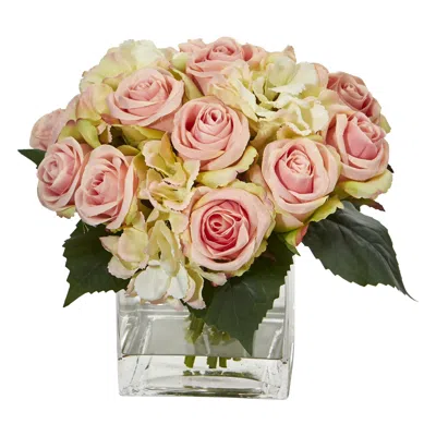 Homplanti 9" Rose And Hydrangea Bouquet Artificial Arrangement In Vase